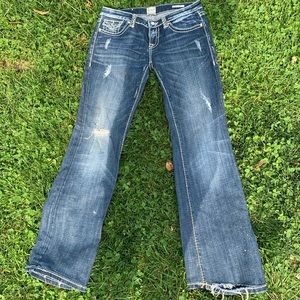 Anoname boot cut dark wash distressed jeans